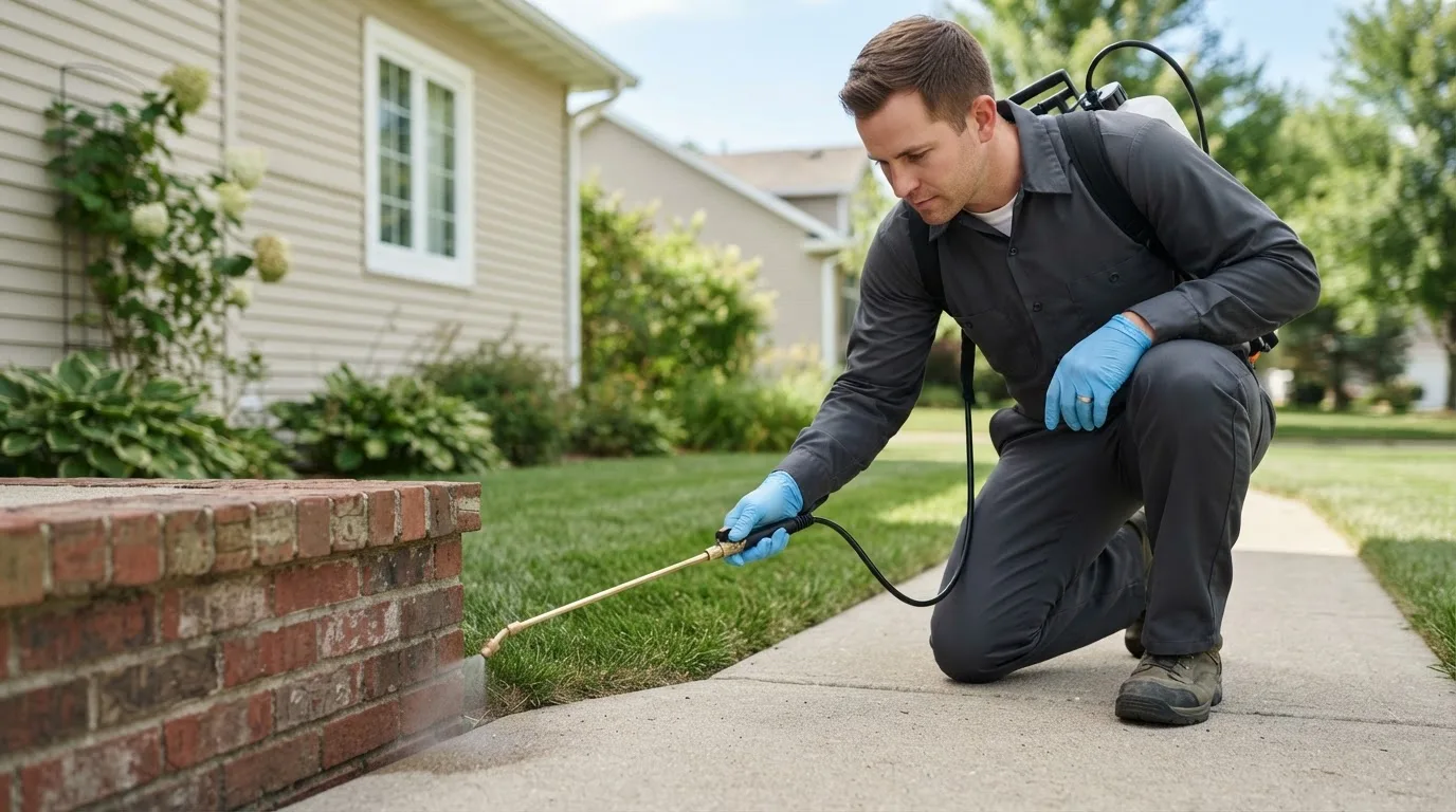 Pest control technician treating a home near Handley, WV
