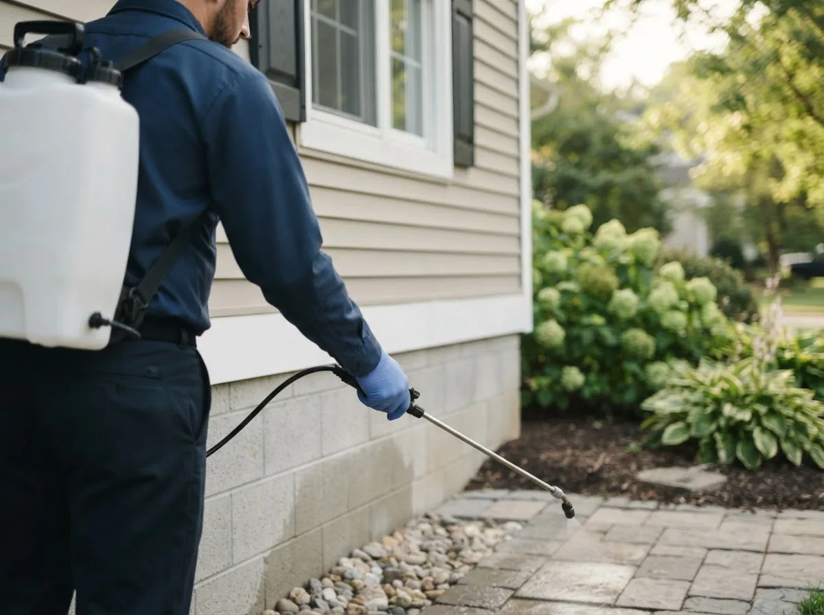 Pest control technician inspecting a home in Handley, WV